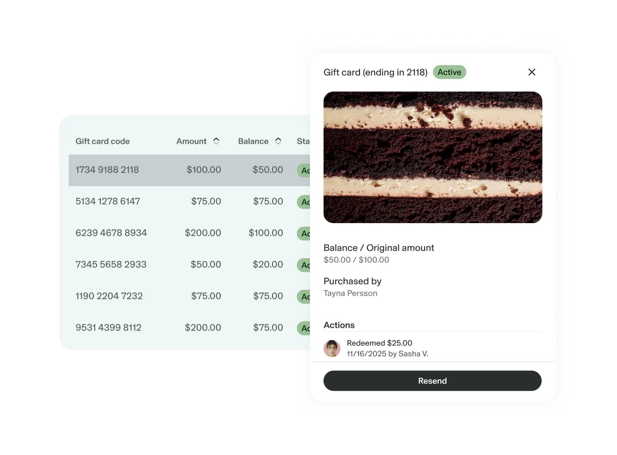 The GlossGenius spa and salon gift card app dashboard showing a gift card sales tracking table with card codes, amounts, and balances, alongside a detail panel that appears if you click into one gift card.