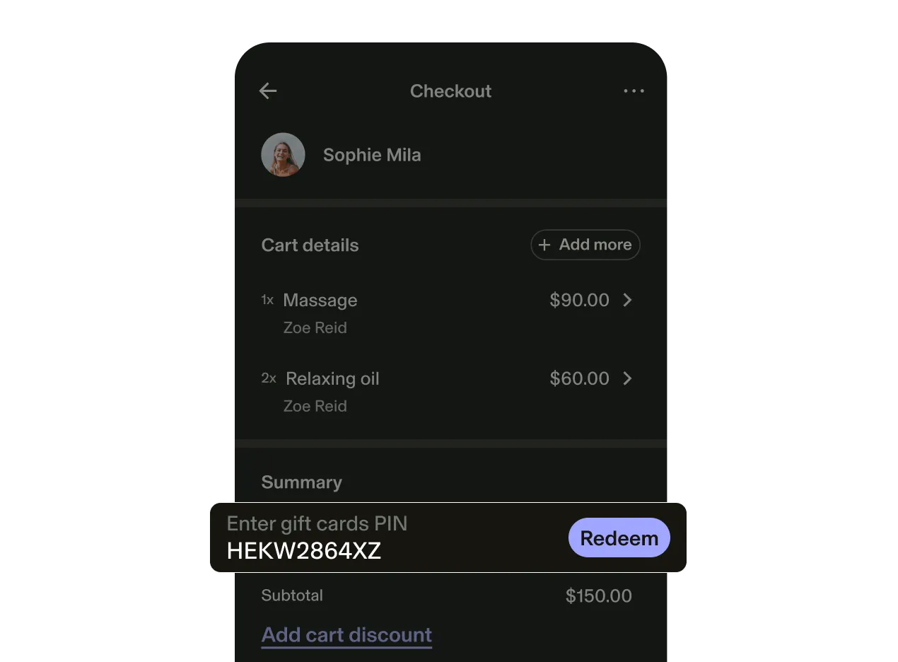 Mobile checkout screen showing how to sell gift cards at a salon using the GlossGenius, with cart details, a gift card PIN redemption field, and order summary with $150 subtotal.