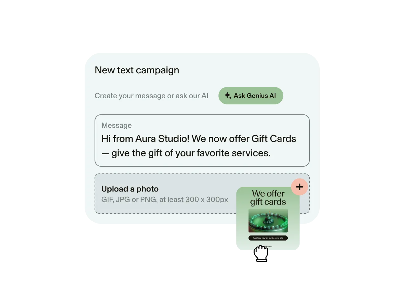 GlossGenius text campaign builder showing how salons can market their gift card program with AI-assisted messaging, featuring a sample promotional message and options to upload photos.