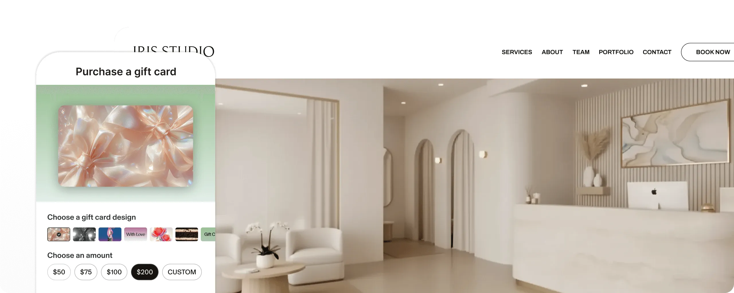 A booking site homepage for Iris Studio with an overlay of the GlossGenius salon gift card software purchase interface, showing customizable digital gift card designs and selectable gift card amounts ($50–$200).