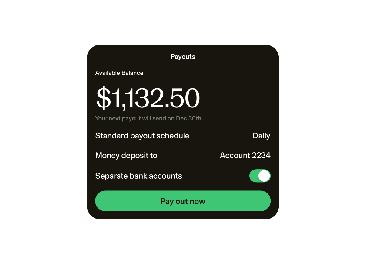 Image of a GlossGenius Payouts screen with available balance of $1,132.50 and details of a payout schedule with the option to pay out now.