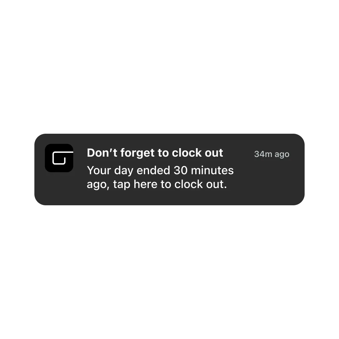  Screenshot of a GlossGenius clock out reminder.