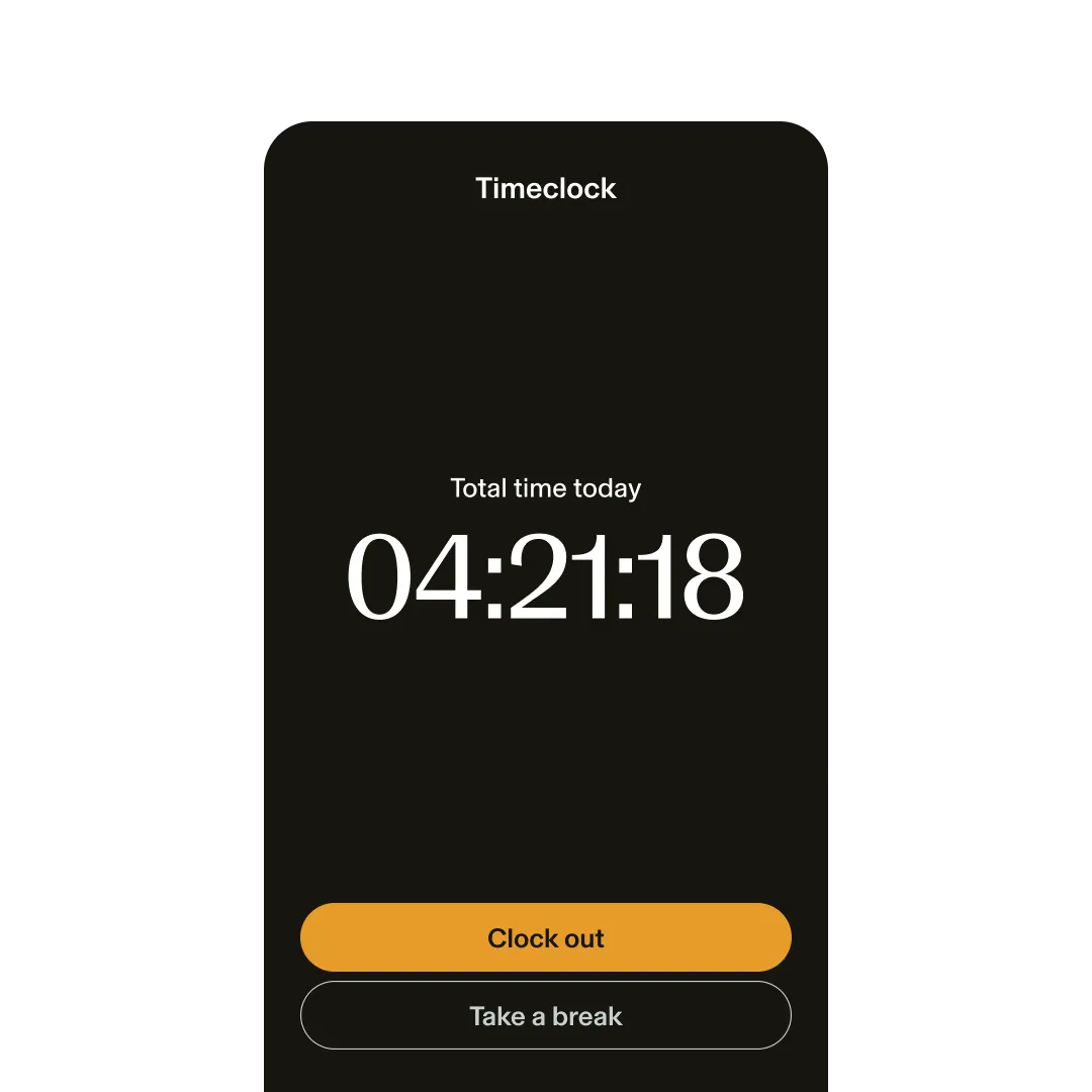 Closeup mobile view of Timeclock software with options to take a break or clock out