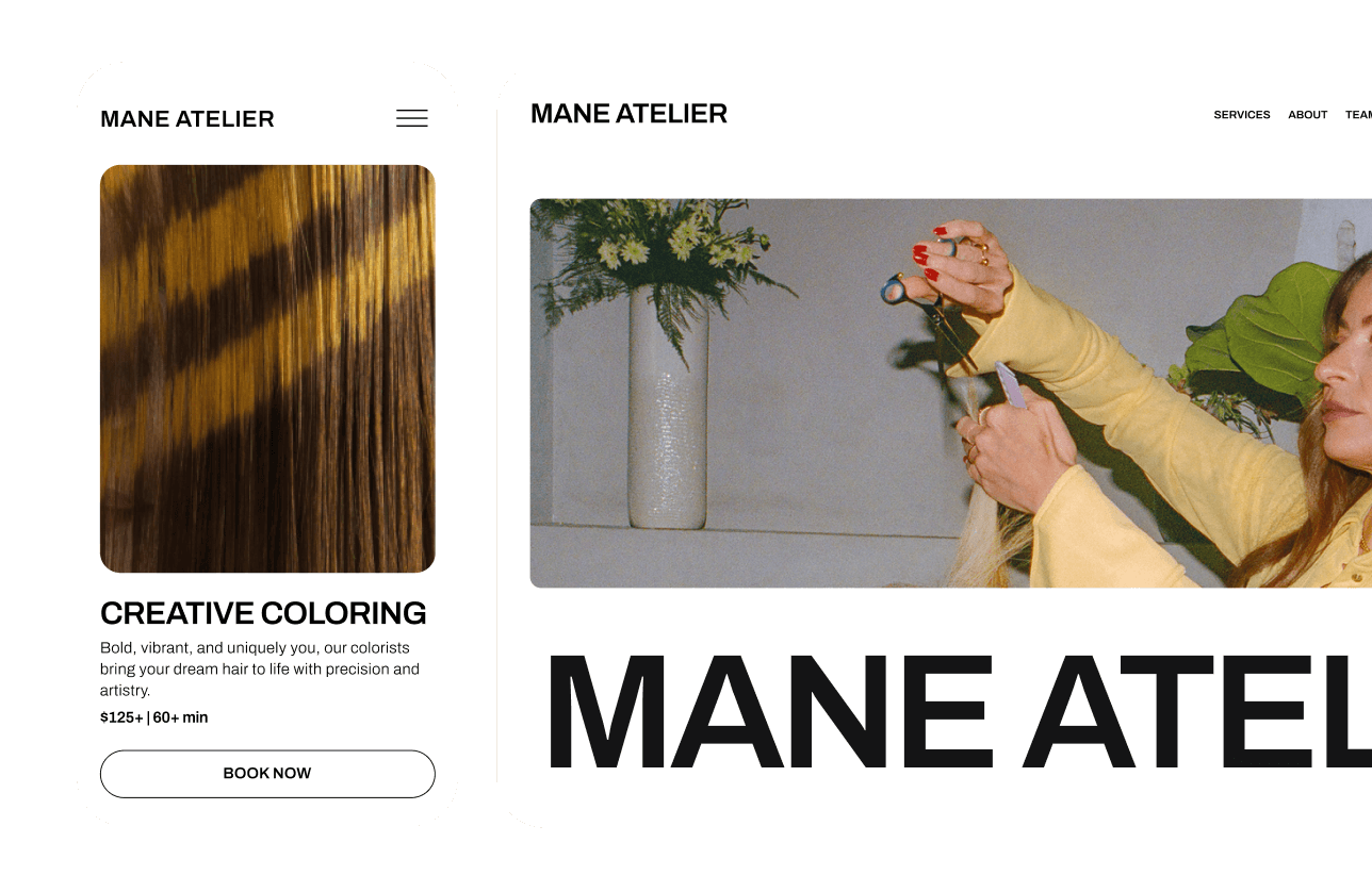 Desktop and mobile views of a booking website built with GlossGenius’s Sola salon software, showing a Creative Coloring service page for Mane Atelier with a Book Now button.
