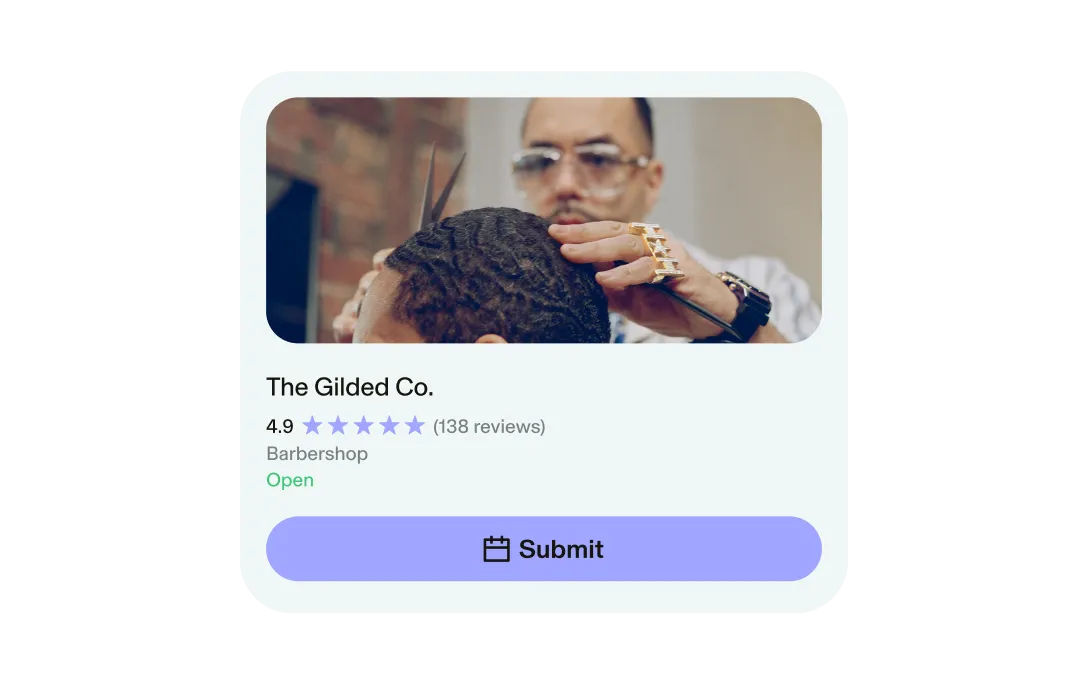 Example of Reserve with Google listing for The Gilded Co. showing a 4.9-star rating and Submit button for fast, login-free booking — an alternative to Vagaro Pro for Sola professionals.