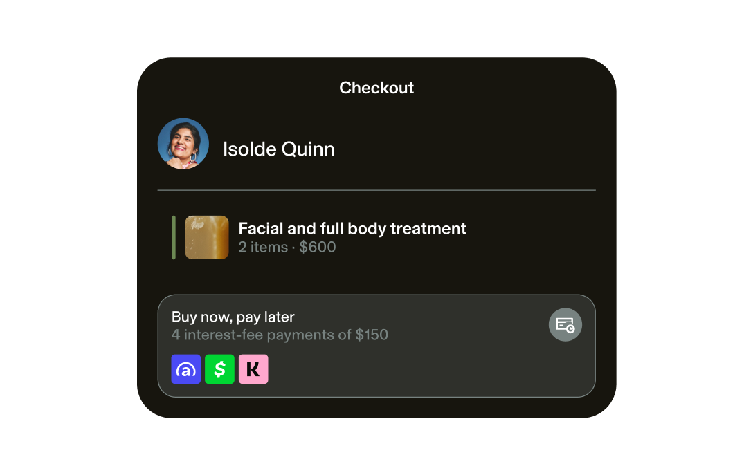 GlossGenius Sola salon software checkout screen showing a Facial and Full Body Treatment with Buy Now, Pay Later options from Affirm, Afterpay, and Klarna.