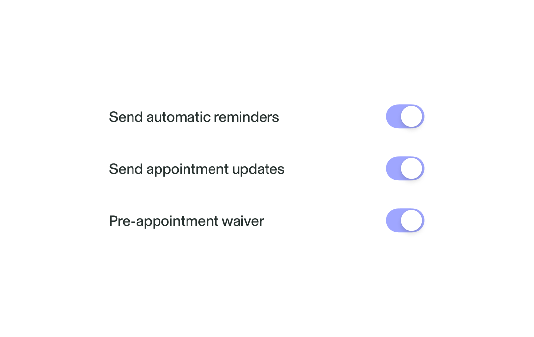 GlossGenius Sola salon software automated notification settings showing toggles for appointment reminders, updates, and pre-appointment waivers to drive client retention.