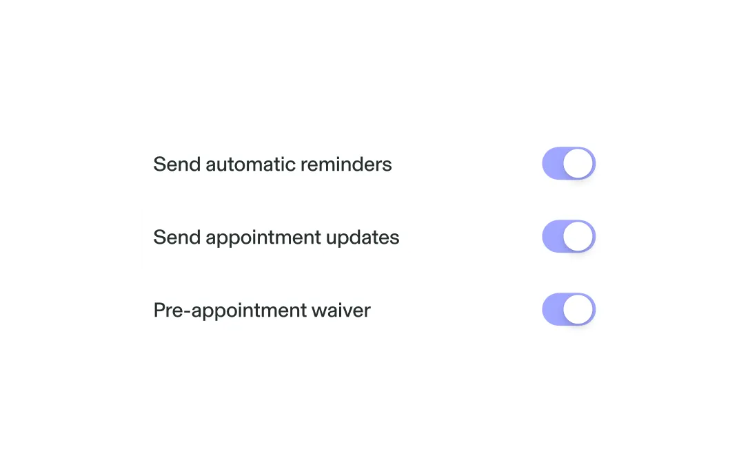 GlossGenius Sola salon software automated notification settings showing toggles for appointment reminders, updates, and pre-appointment waivers to drive client retention.