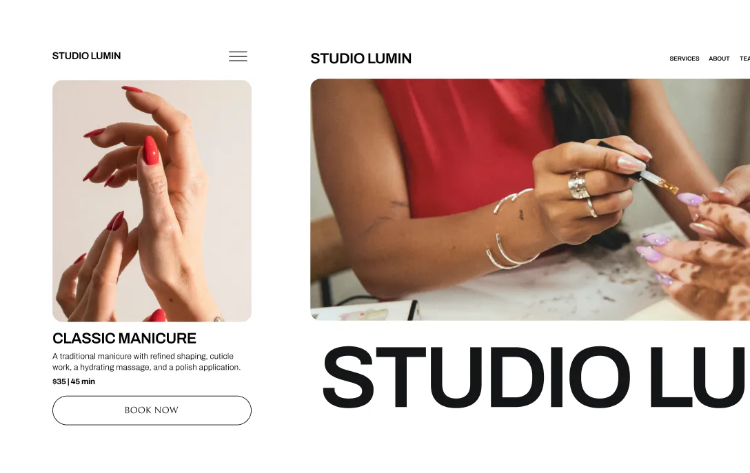 Mobile and desktop views of a custom GlossGenius booking website for Studio Lumin showing a Classic Manicure service.