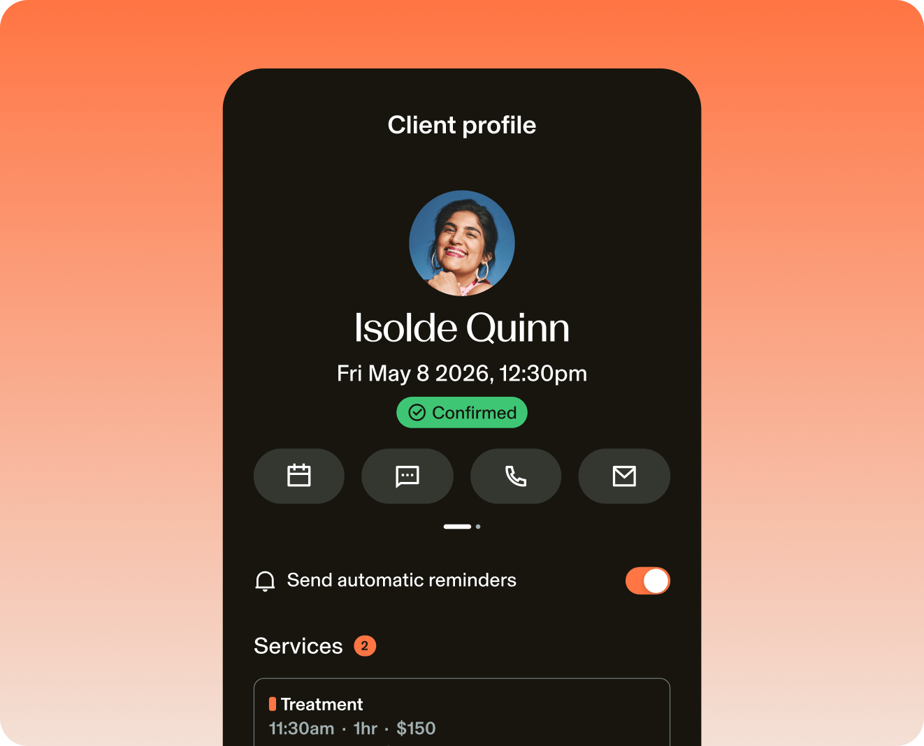 Screenshot of GlossGenius Client Profile with automatic reminder option toggled on