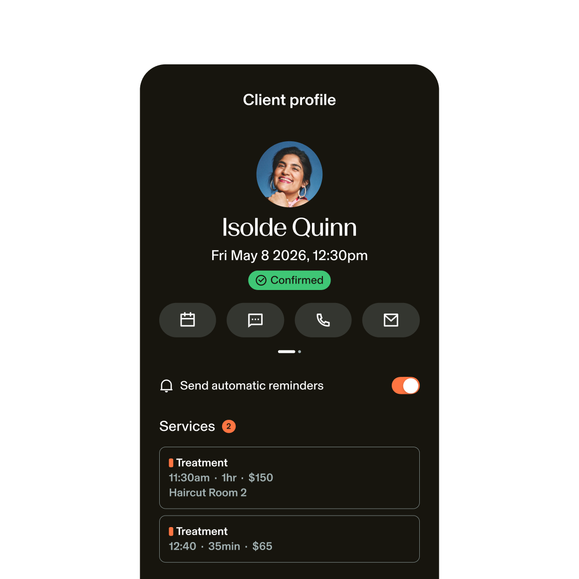 Screenshot of GlossGenius Client Profile with automatic reminder option toggled on