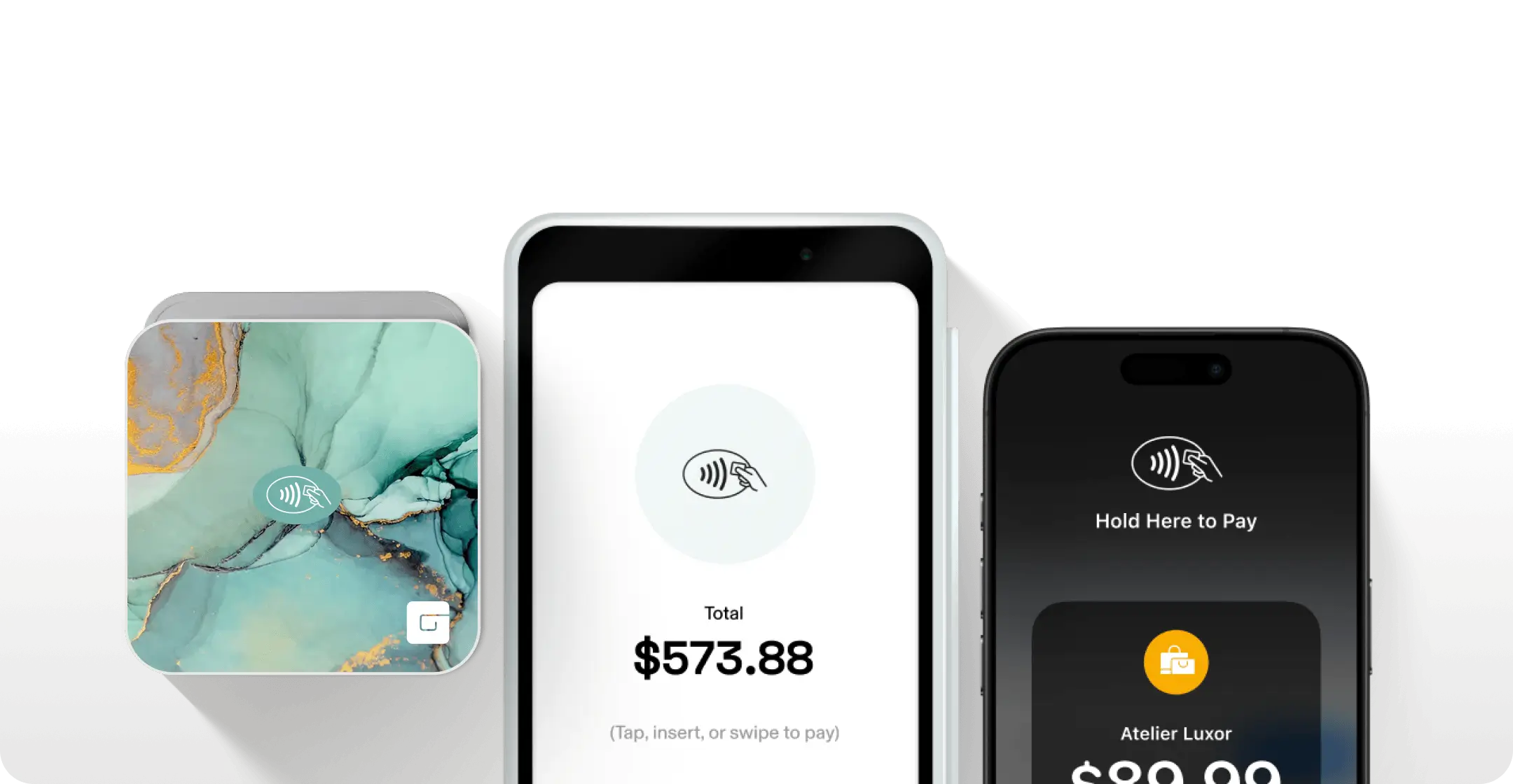 A floral patterned GlossGenius Tap & Go credit card reader next to a mobile screen reading a transaction total of $173.88, next to another mobile screen featuring a Tap-to-Pay symbol