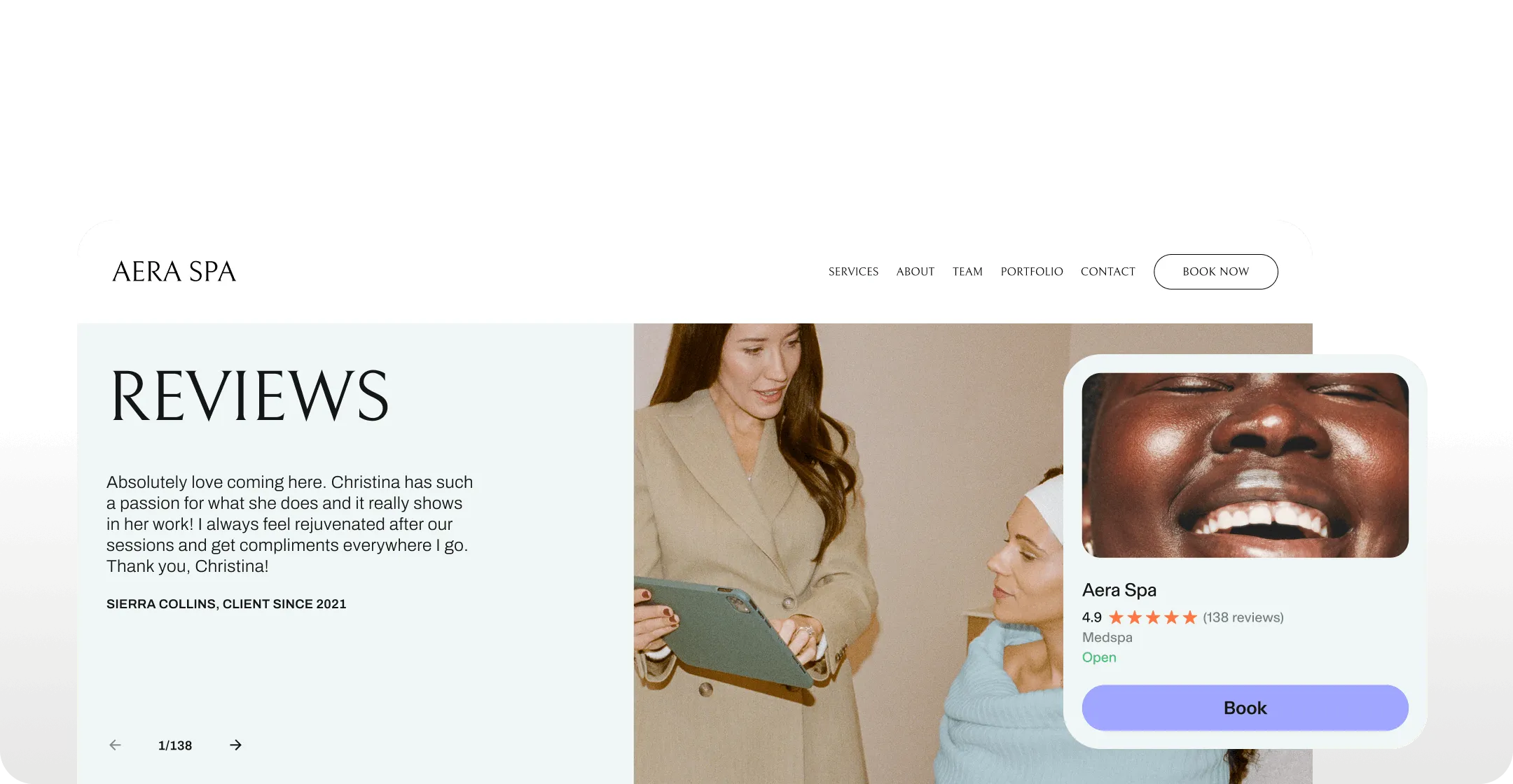 Picture of the side of a woman’s face next to photo of the Aera Spa booking website featuring the side of another woman’s face 