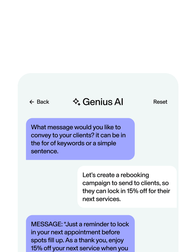 Screenshot of two side-by-side mobile screens, one featuring the Genius AI feature and the other featuring a Genius AI chatbot conversation