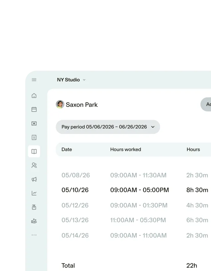 Mobile screen featuring a timeclock next to a screenshot of a timecard