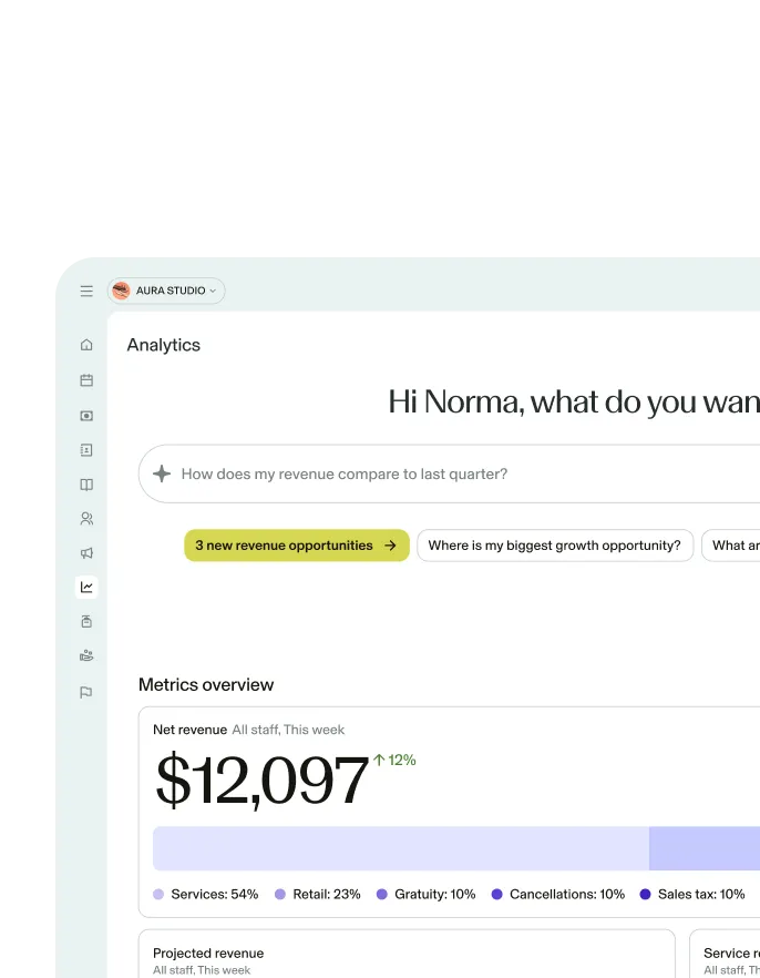Screenshot of the GlossGenius Analytics feature screen displaying earnings and projections