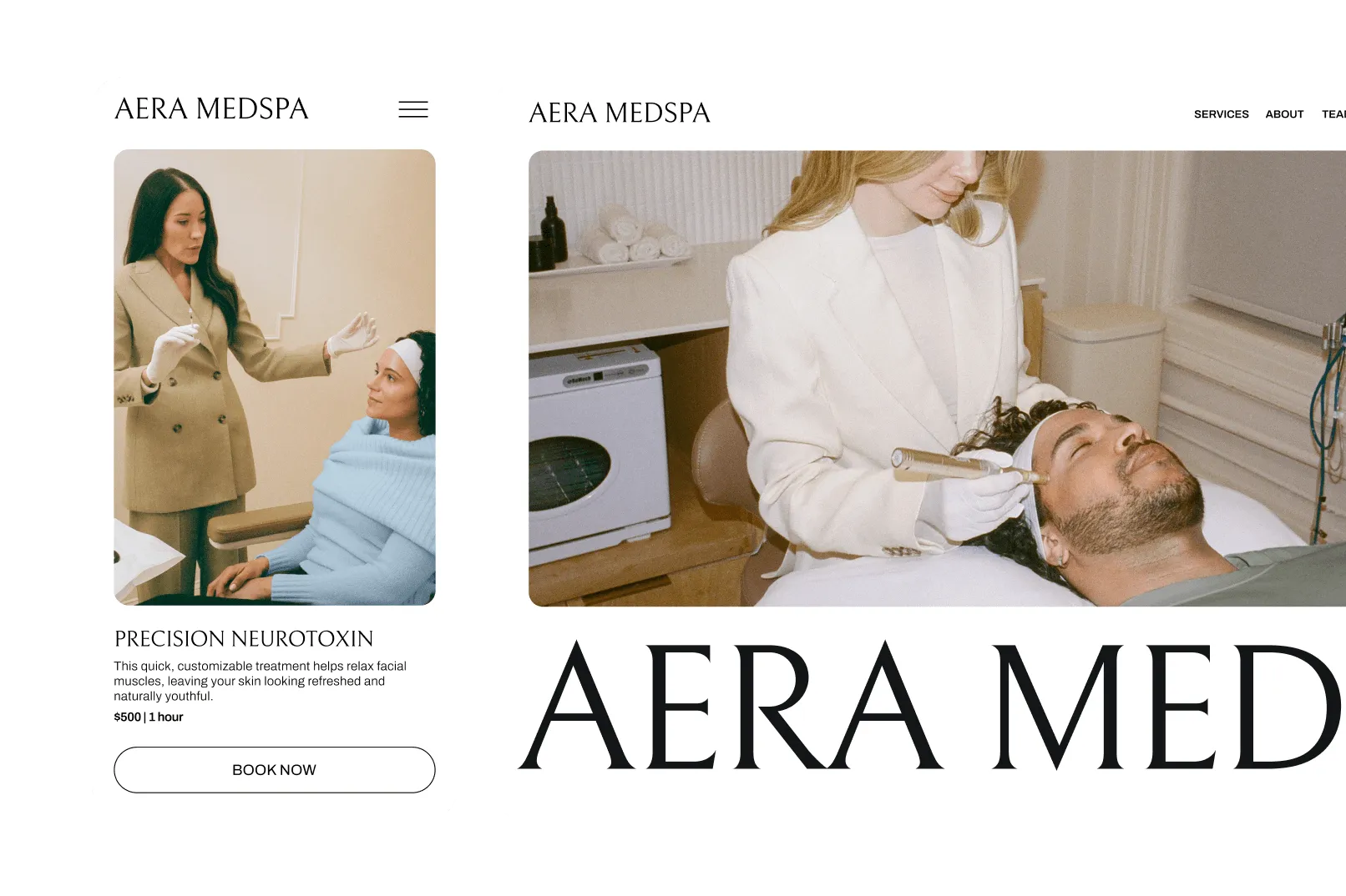 Mobile view of Aera Medspa’s booking page featuring a provider getting ready to apply treatment to a woman’s face, next to the desktop view of Aera Medspa’s booking website featuring an esthetician applying treatment to a man’s face