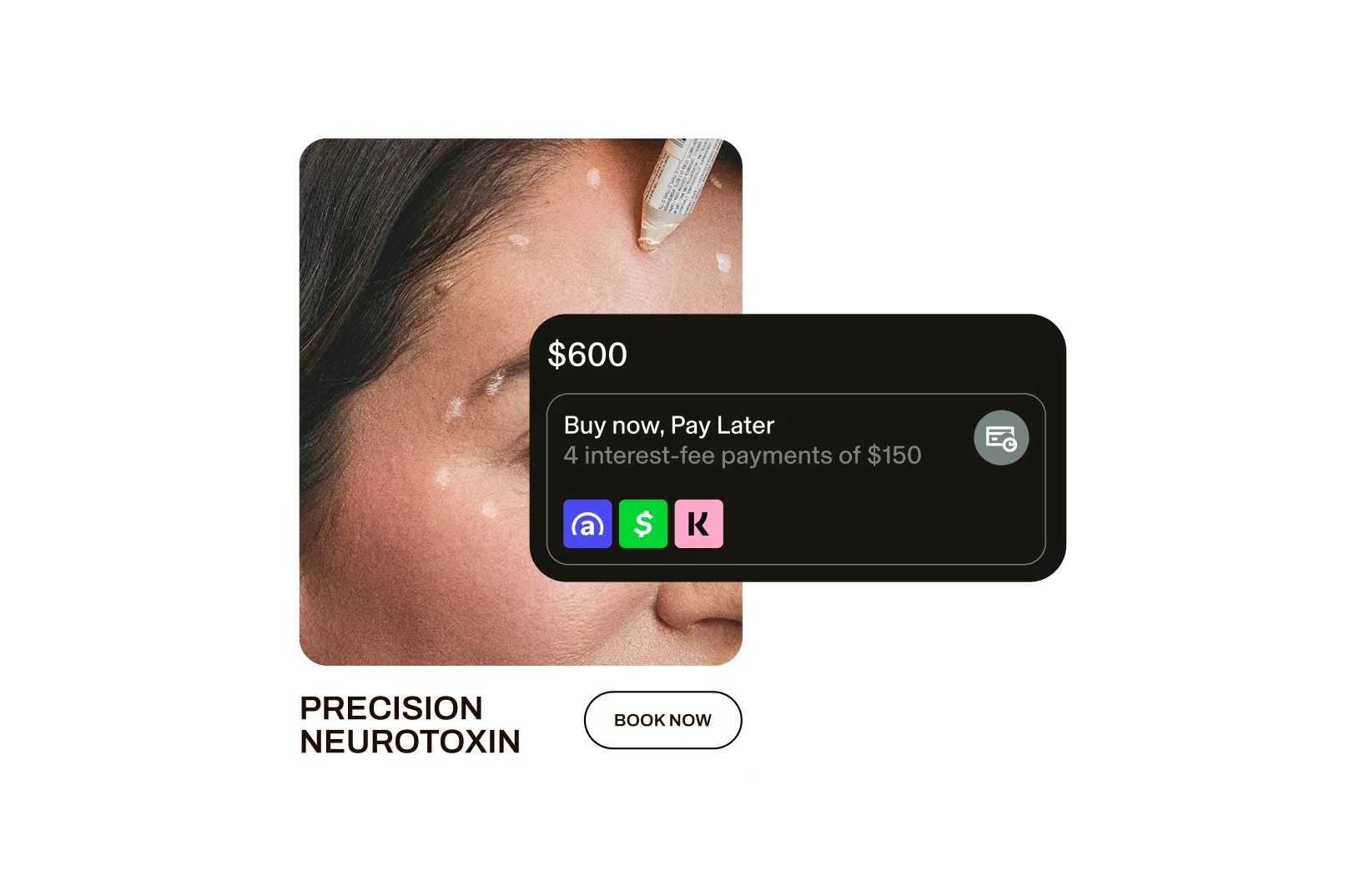 Image of woman’s face getting marked for treatment for Precision Neurotoxin next to a Book Now button