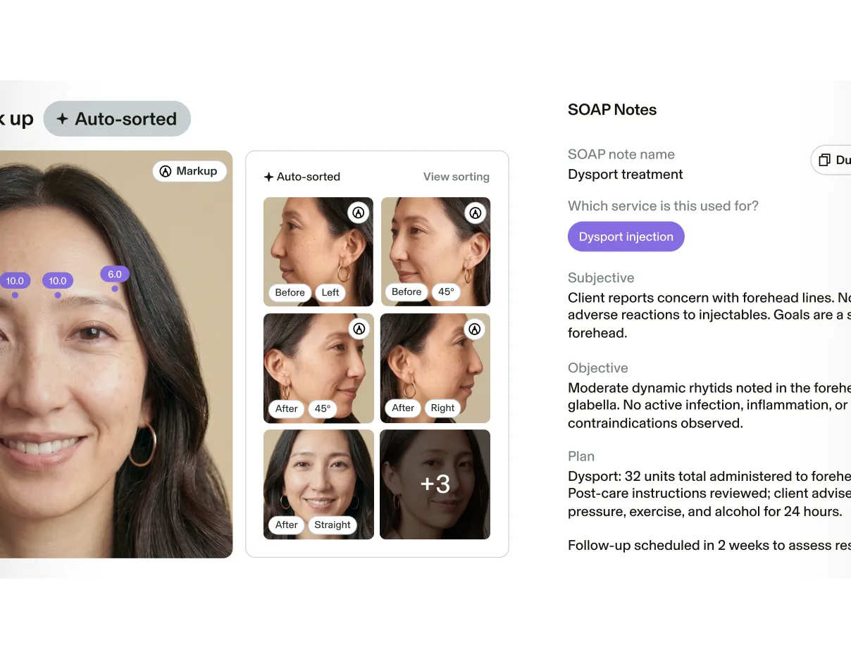 Image of a medspa client’s photos in markup mode and automatically sorted, next to an image of SOAP notes detailing the client’s concerns, objective for treatment, and treatment plan