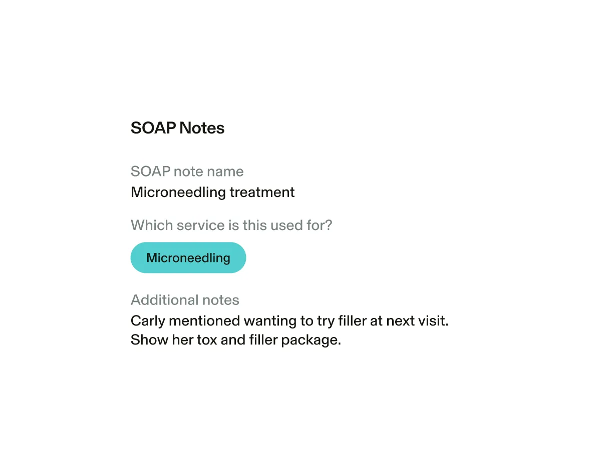 Image of SOAP notes displaying the name of the SOAP note, the service its documenting, and additional notes 