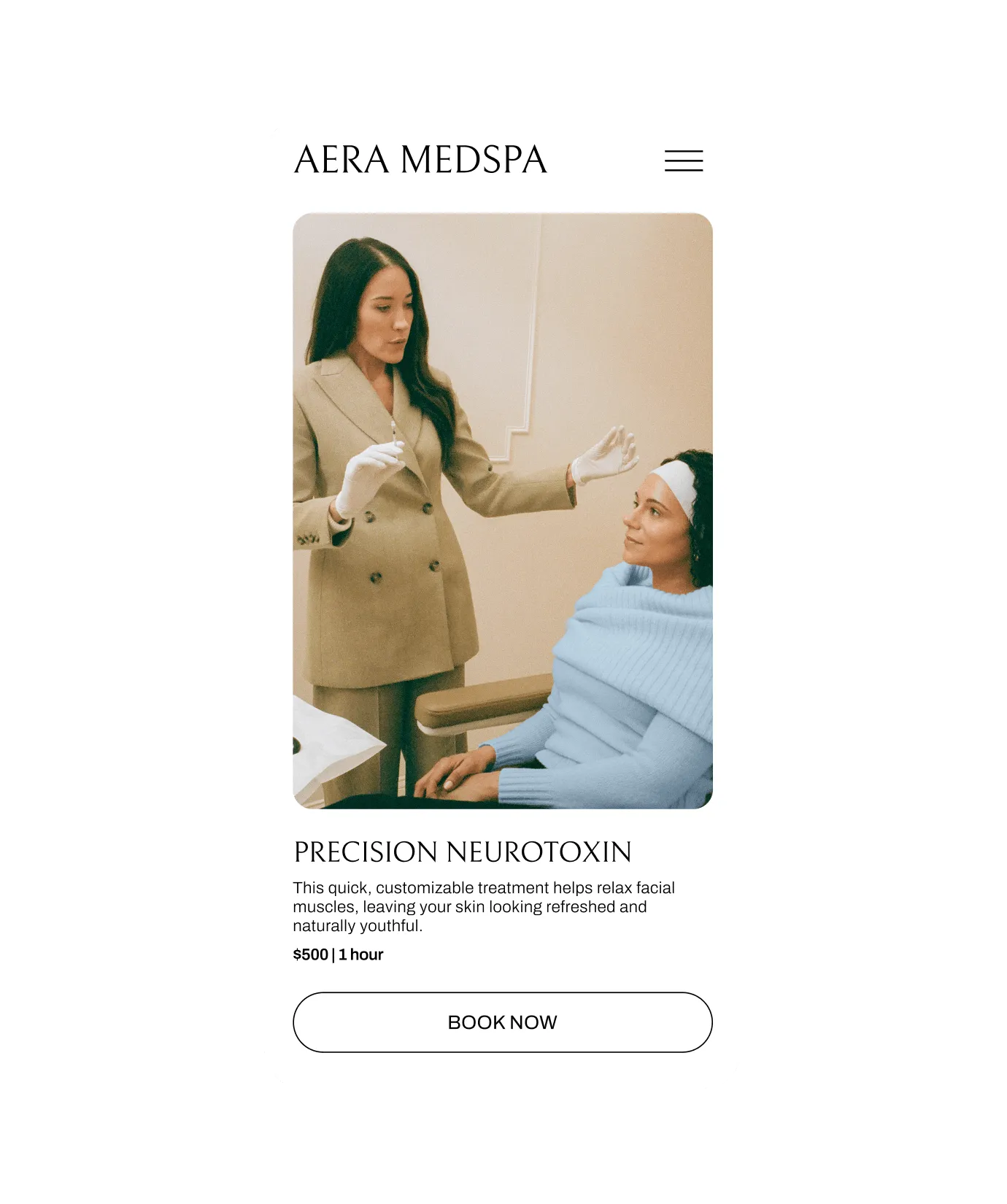 Mobile view of Aera Medspa’s booking page featuring a provider getting ready to apply treatment to a woman’s face