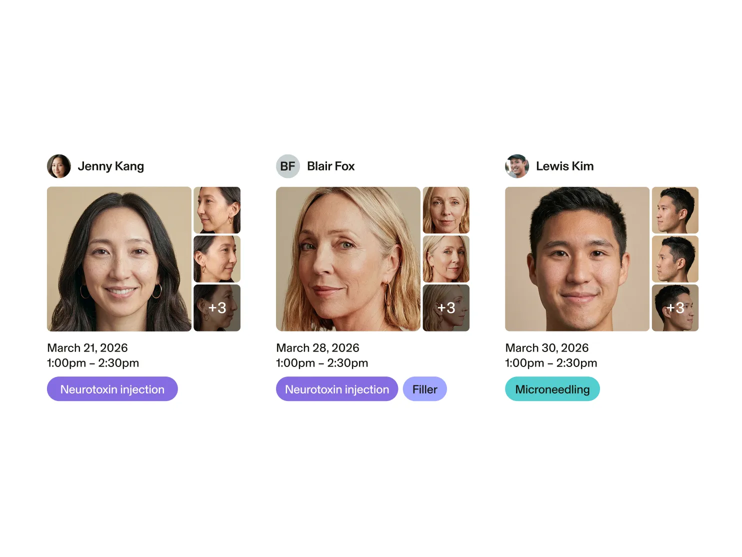 Three side-by-side photos of different medspa clients with their photos, appointment dates, and service types listed. 