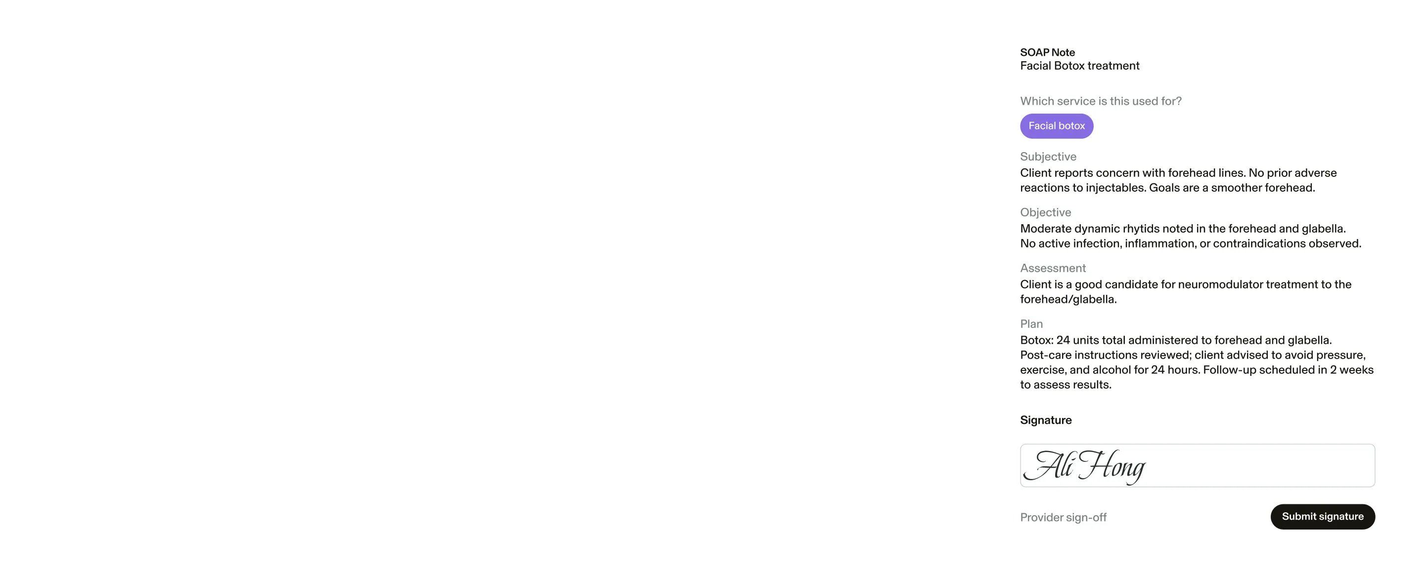 Example image featuring SOAP notes detailing a medspa client’s treatment with details like the client’s concerns, objective for treatment, and treatment plan, plus the Provider’s signature
