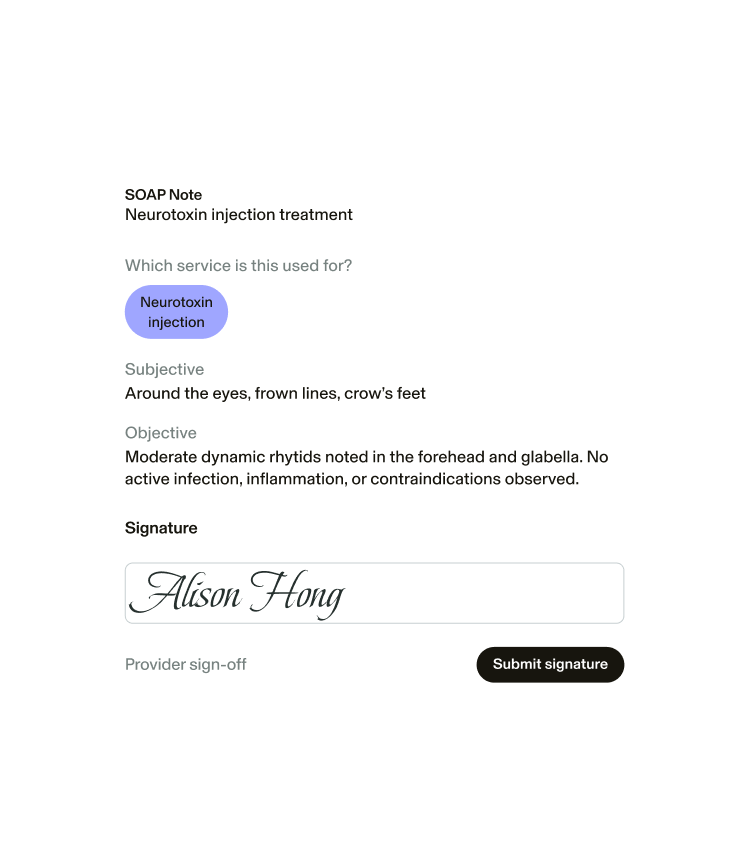 Example image featuring SOAP notes detailing a medspa client’s treatment with details like the client’s concerns, objective for treatment, and treatment plan, plus the Provider’s signature