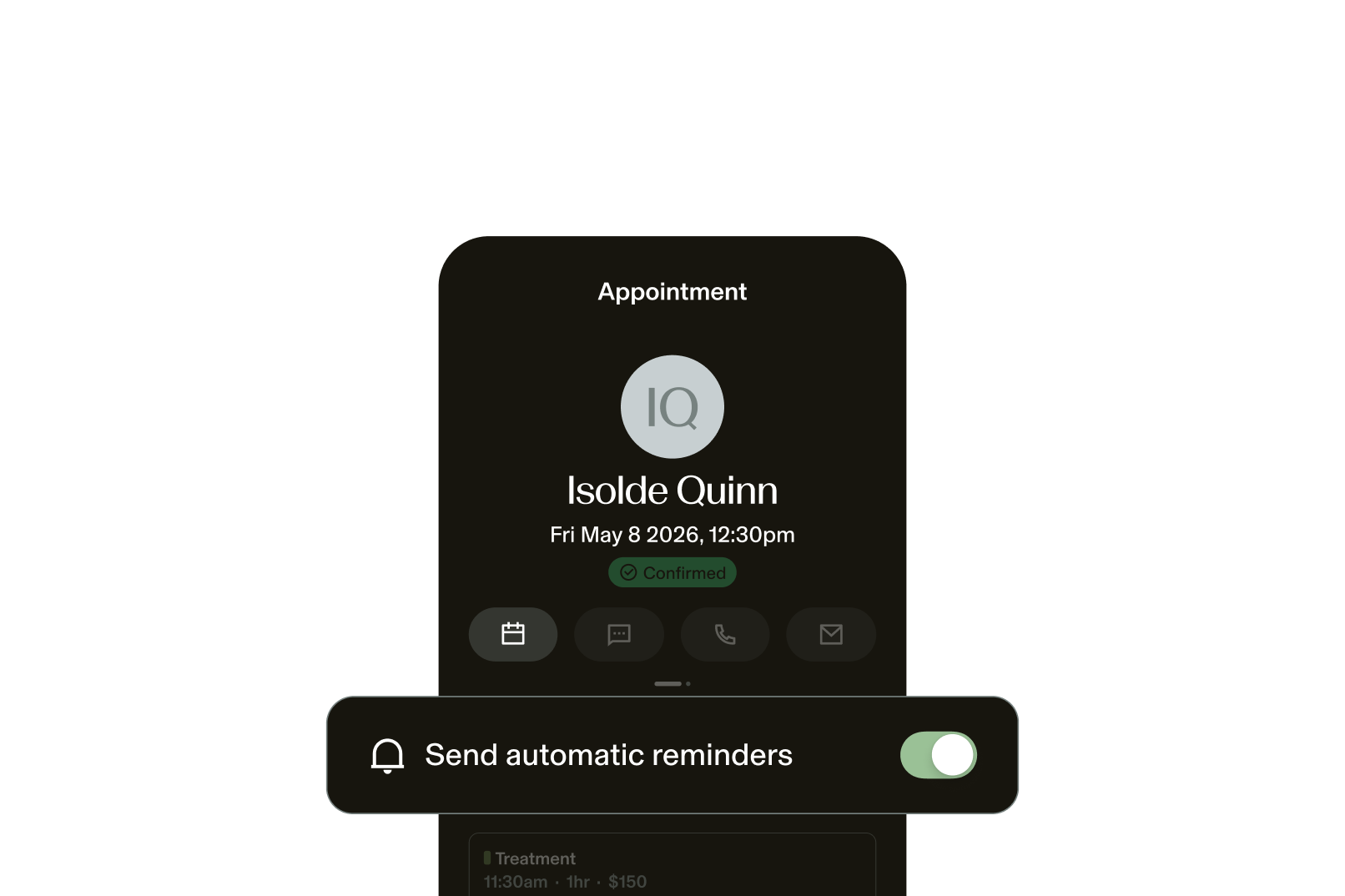 Mobile view of an appointment confirmation screen for Isolde Quinn’s May 8th appointment with GlossGenius automatic reminders feature toggled on