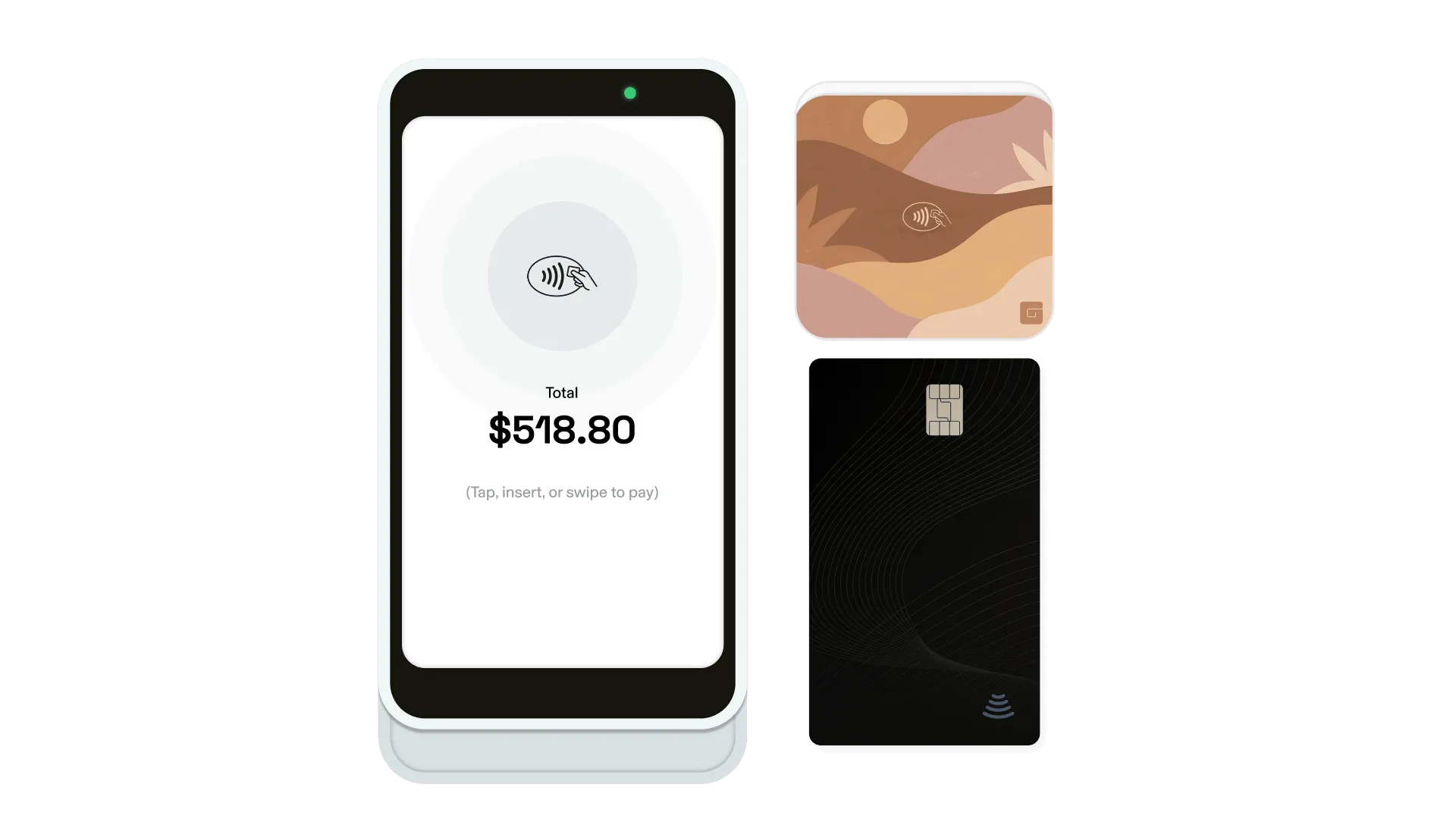 The complete GlossGenius sports coaching POS hardware kit — Pro Reader, green Tap & Go Reader, and a black credit card.