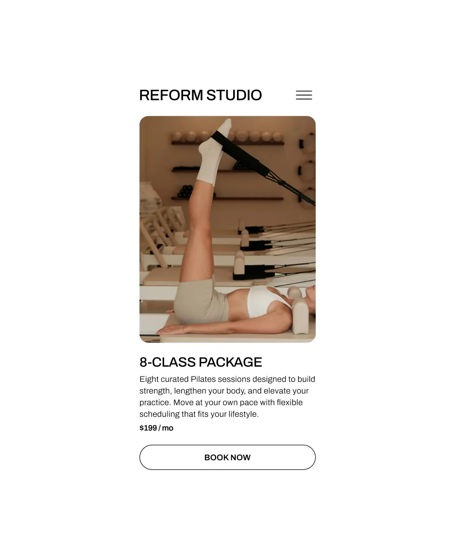 Example of a mobile booking site for the Reform Pilates studio made with GlossGenius.