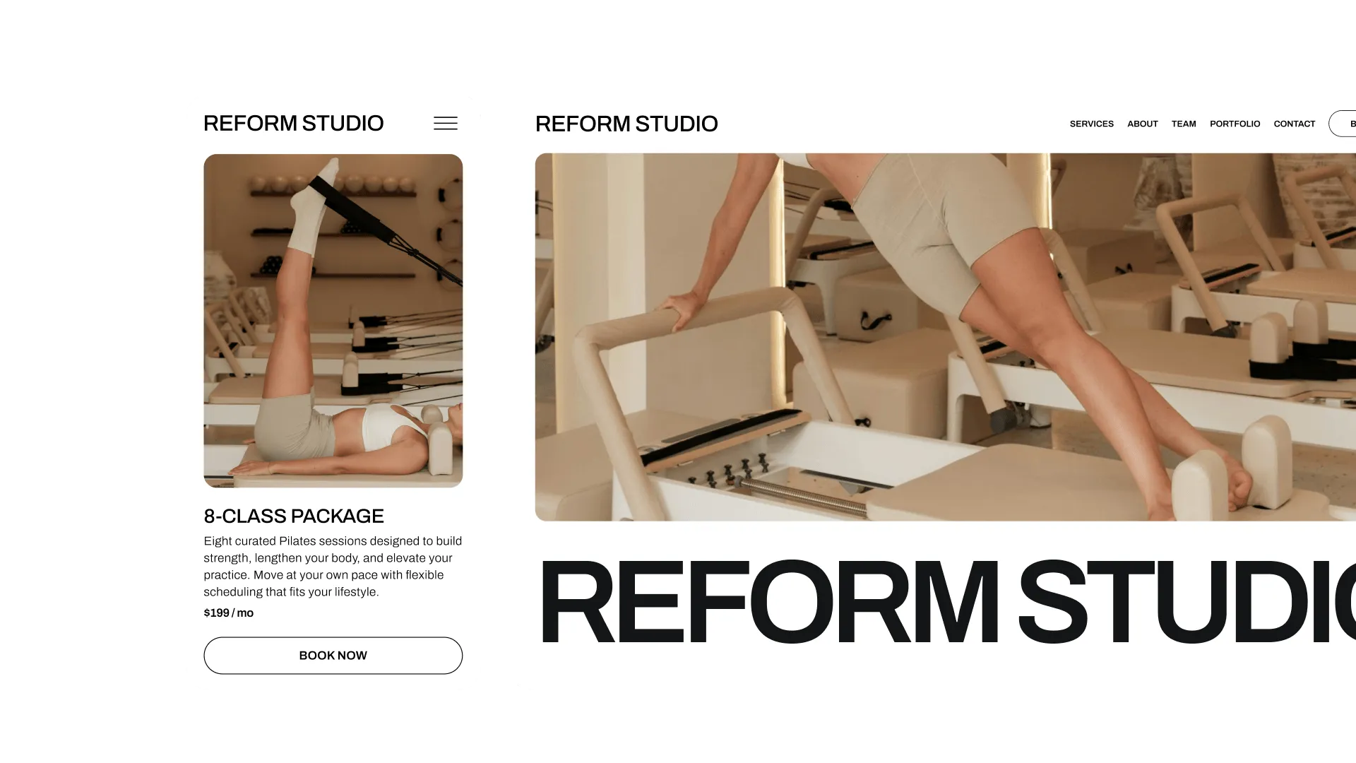 Example of the mobile and desktop versions of a booking site for the Reform Pilates studio made with GlossGenius.