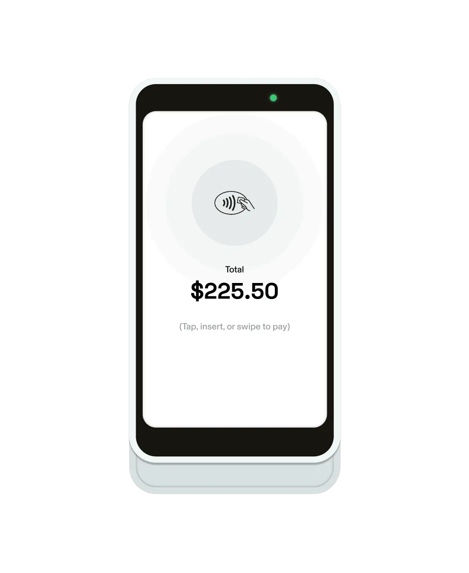 The GlossGenius Pro Reader, part of the GlossGenius acupuncture practice POS system, displaying $225.50 checkout total.