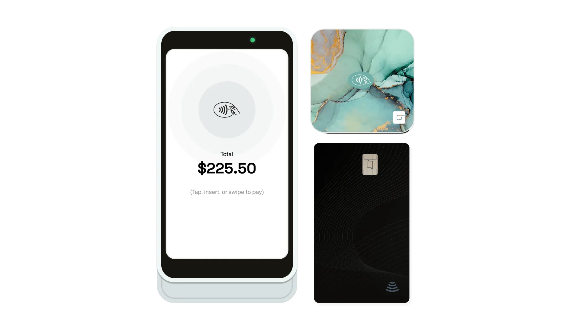 The GlossGenius Pro Reader, part of the GlossGenius acupuncture POS system, displaying a $225.50 checkout total alongside a green Tap & Go Reader and a black credit card on a wooden surface.