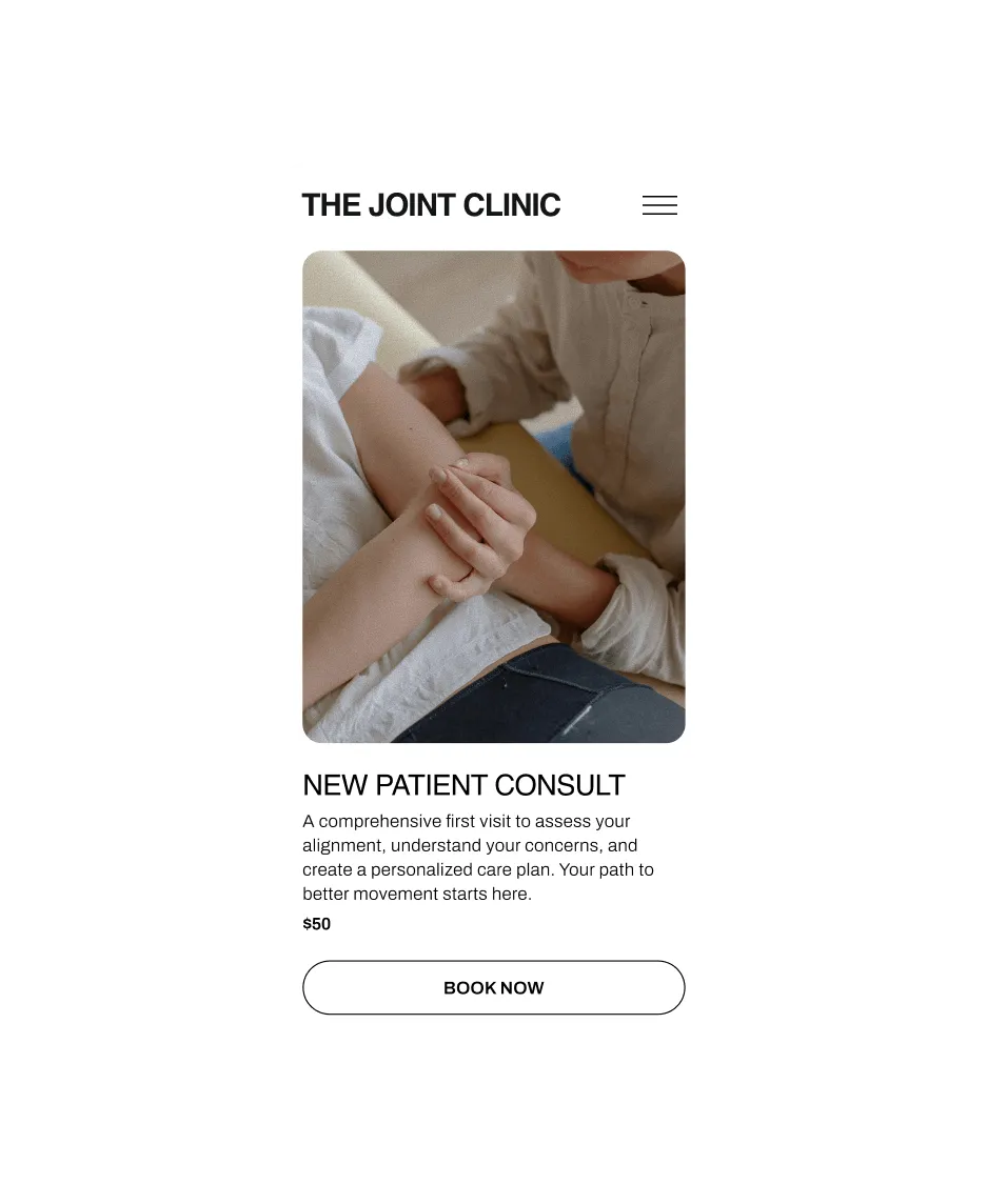 Example of a mobile booking site for The Joint Clinic made with GlossGenius.