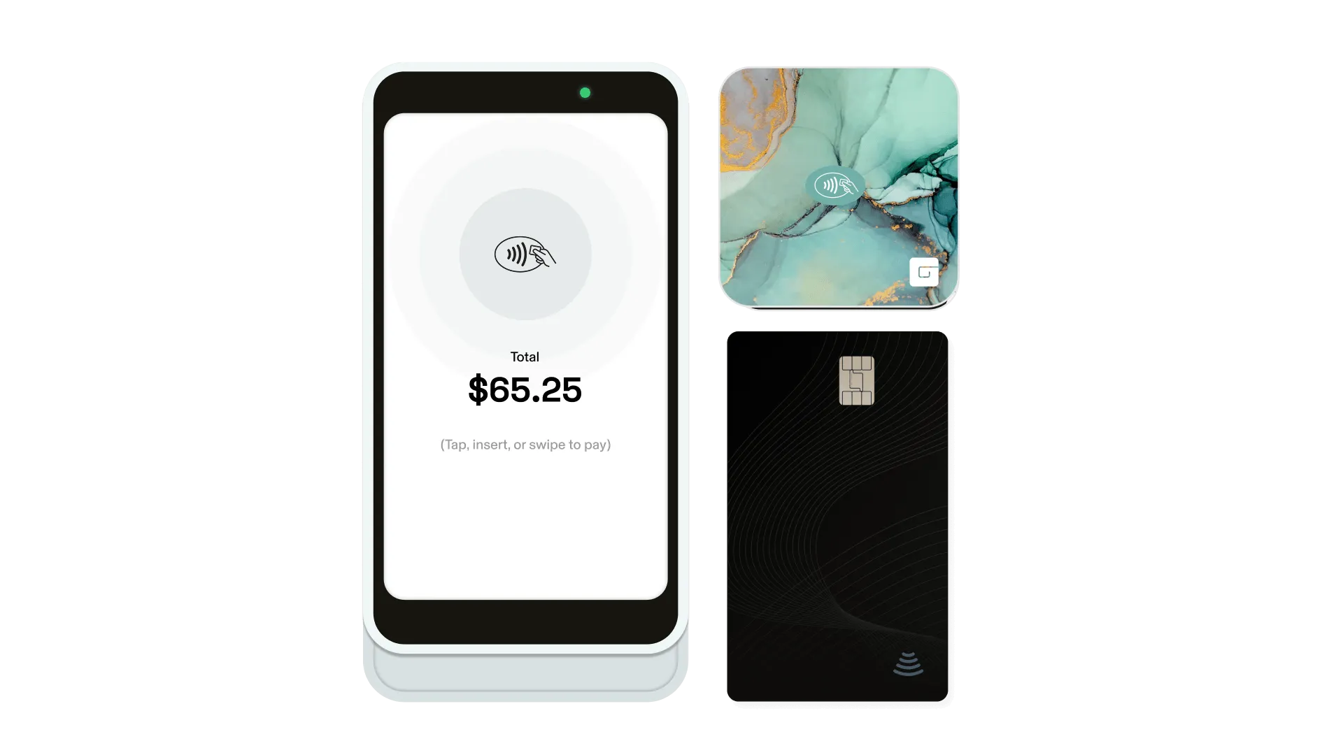Collage of the GlossGenius chiropractic clinic POS system, including a GlossGenius Pro Reader POS device, the GlossGenius Tap & Go Reader in green, and a black credit card.