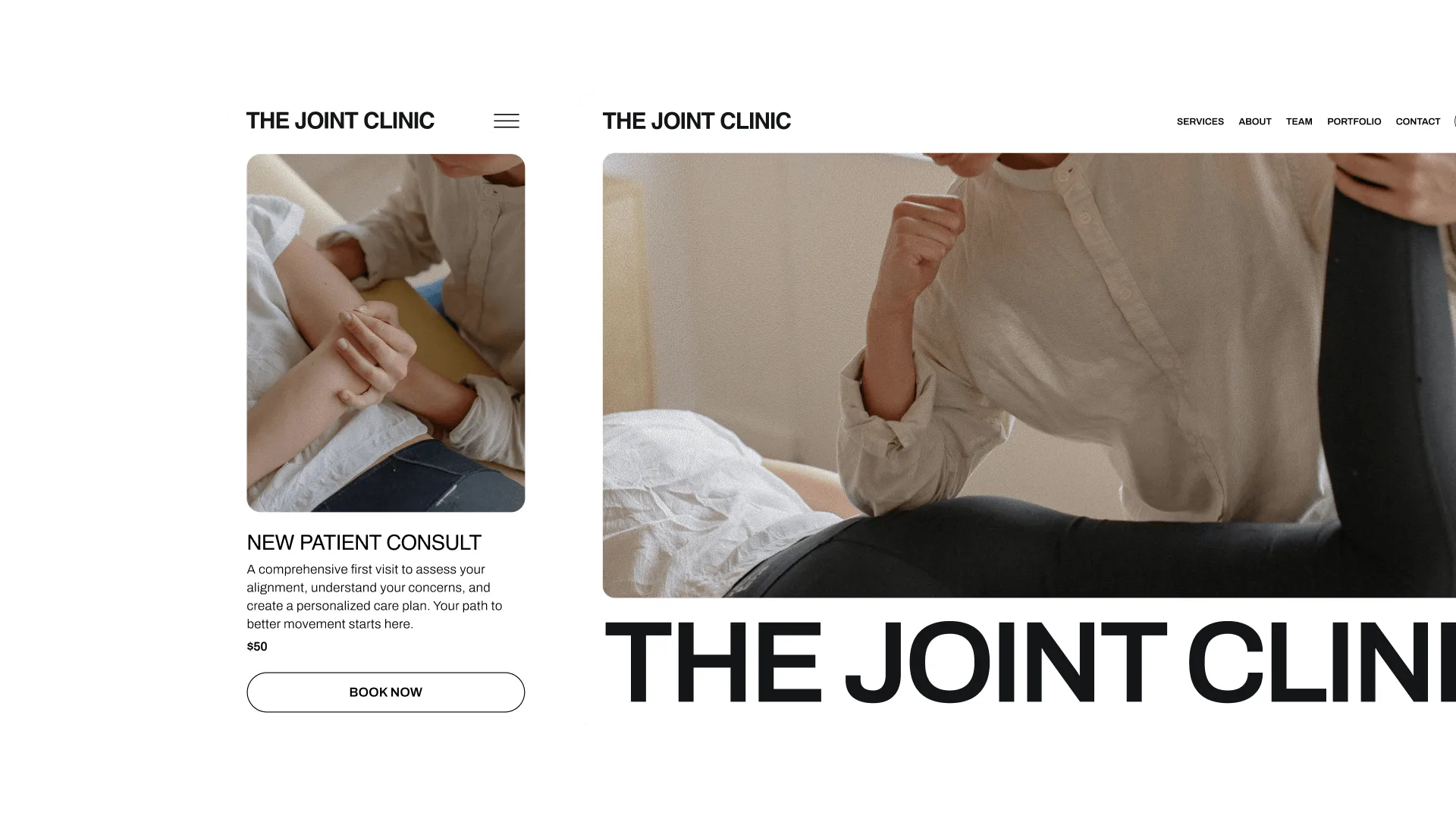 Mobile booking site for The Joint Clinic displaying a "Book First Adjustment" option, made with the GlossGenius chiropractic booking system.