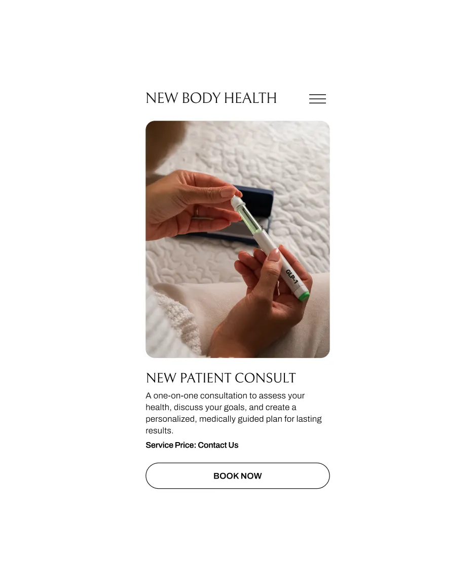 Mobile booking site for New Body Health, built on the GlossGenius medical weight loss software.