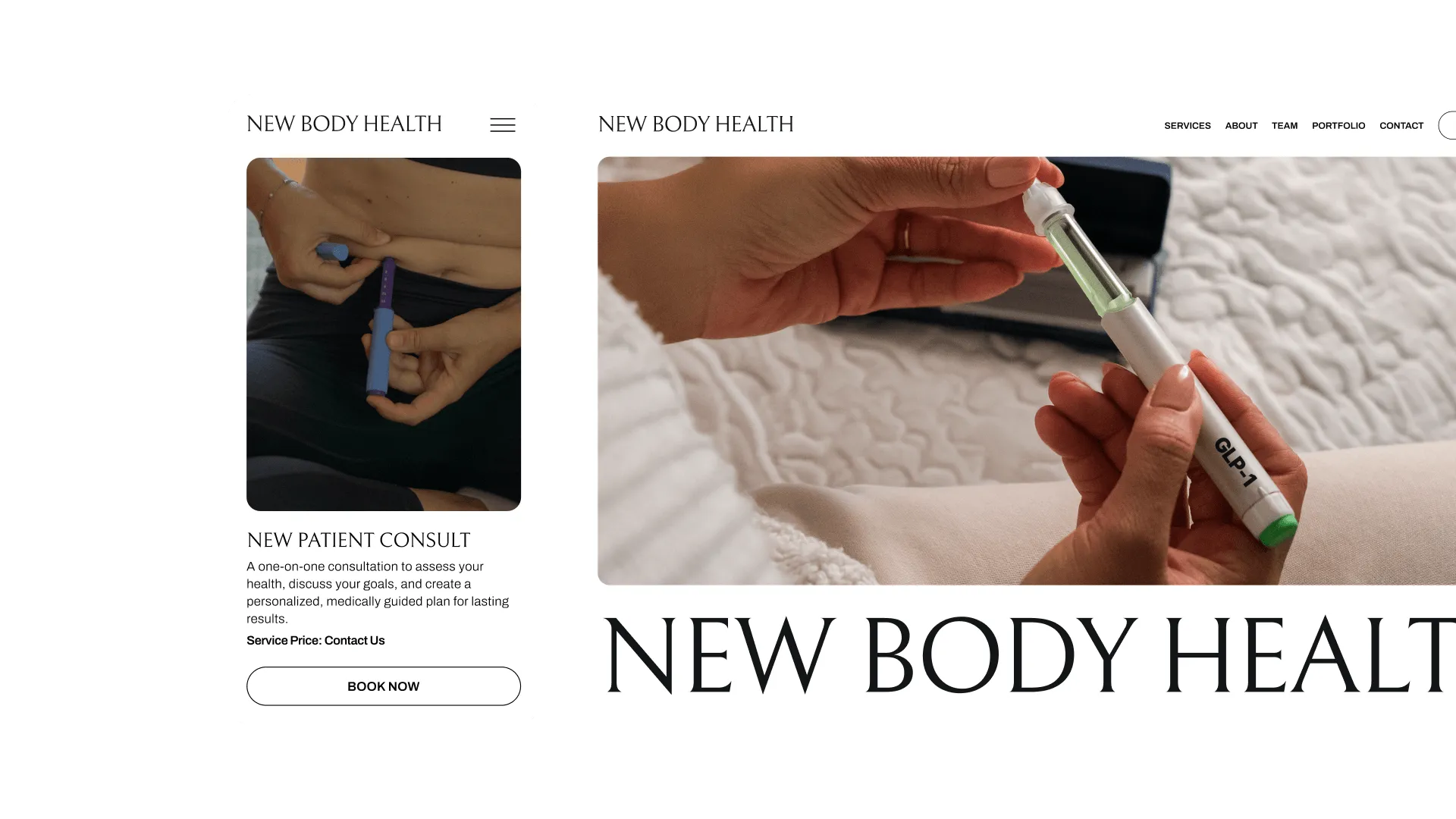 New Body Health's booking page on mobile and desktop, featuring a "Book GLP-1 Consult" call-to-action powered by the GlossGenius medical weight loss booking system.