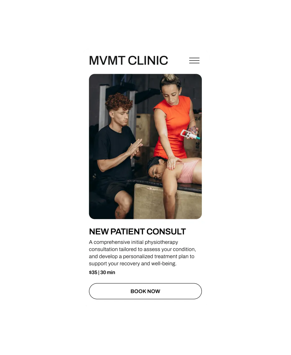 MVMT Clinic's mobile booking site, made with the GlossGenius physical therapy software.