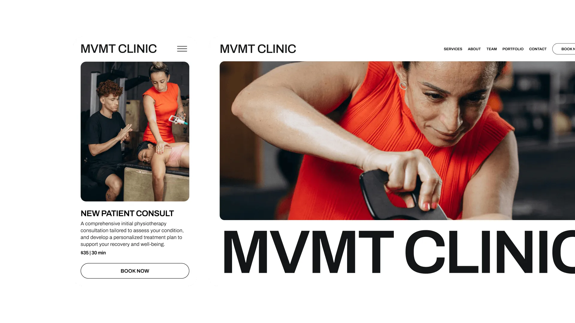 MVMT Clinic booking site in both mobile and desktop layouts, showing a "Book New Patient Consult" button powered by the GlossGenius physical therapy booking system.