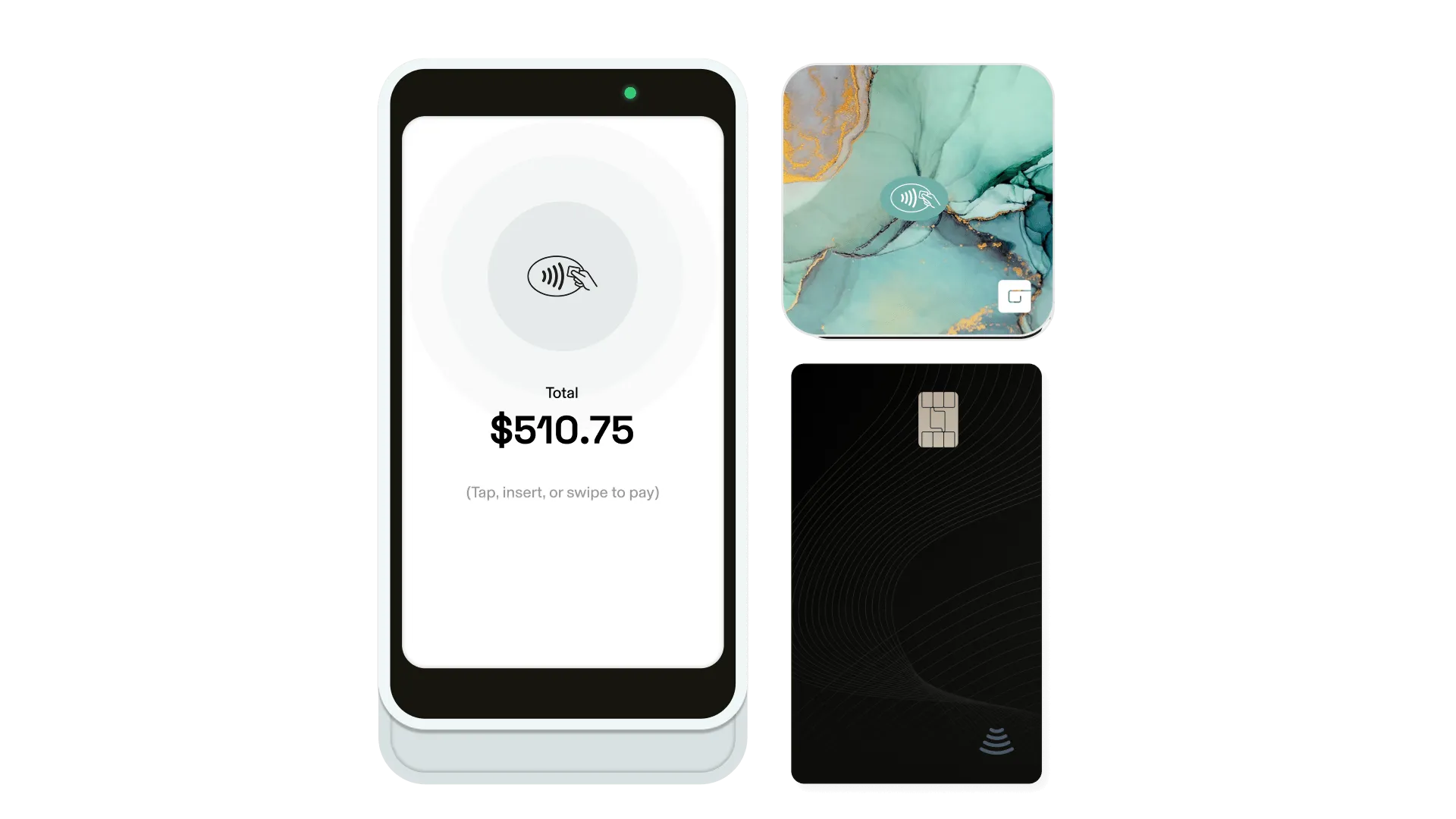 The complete GlossGenius physical therapy POS set — Pro Reader POS device, green Tap & Go Reader, and a black credit card — laid out together.