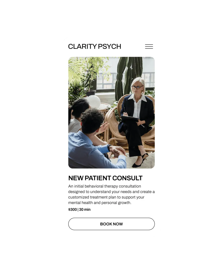 Clarity Psychotherapy's mobile booking site, built with the GlossGenius behavioral health software.