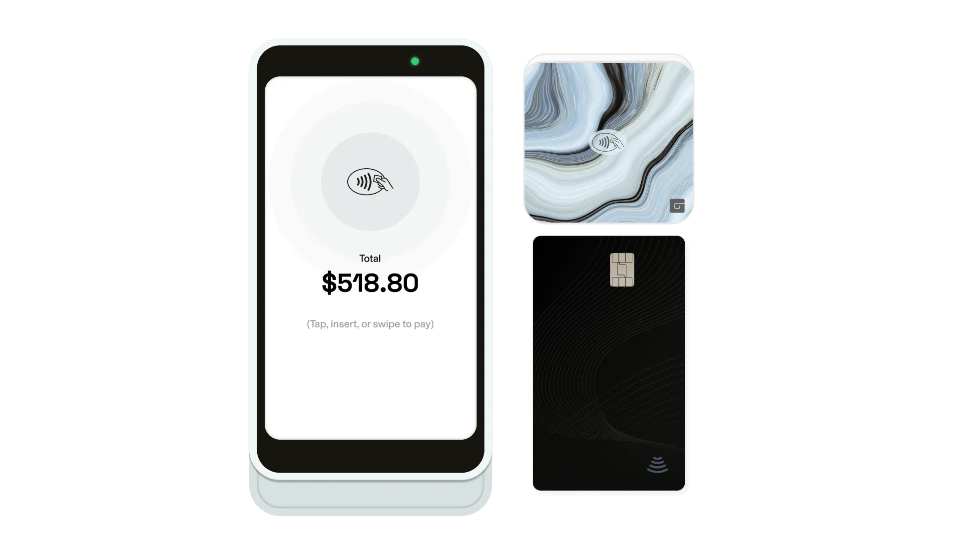 The full GlossGenius behavioral health POS lineup — Pro Reader device, green Tap & Go Reader, and a black credit card — arranged on an office surface.