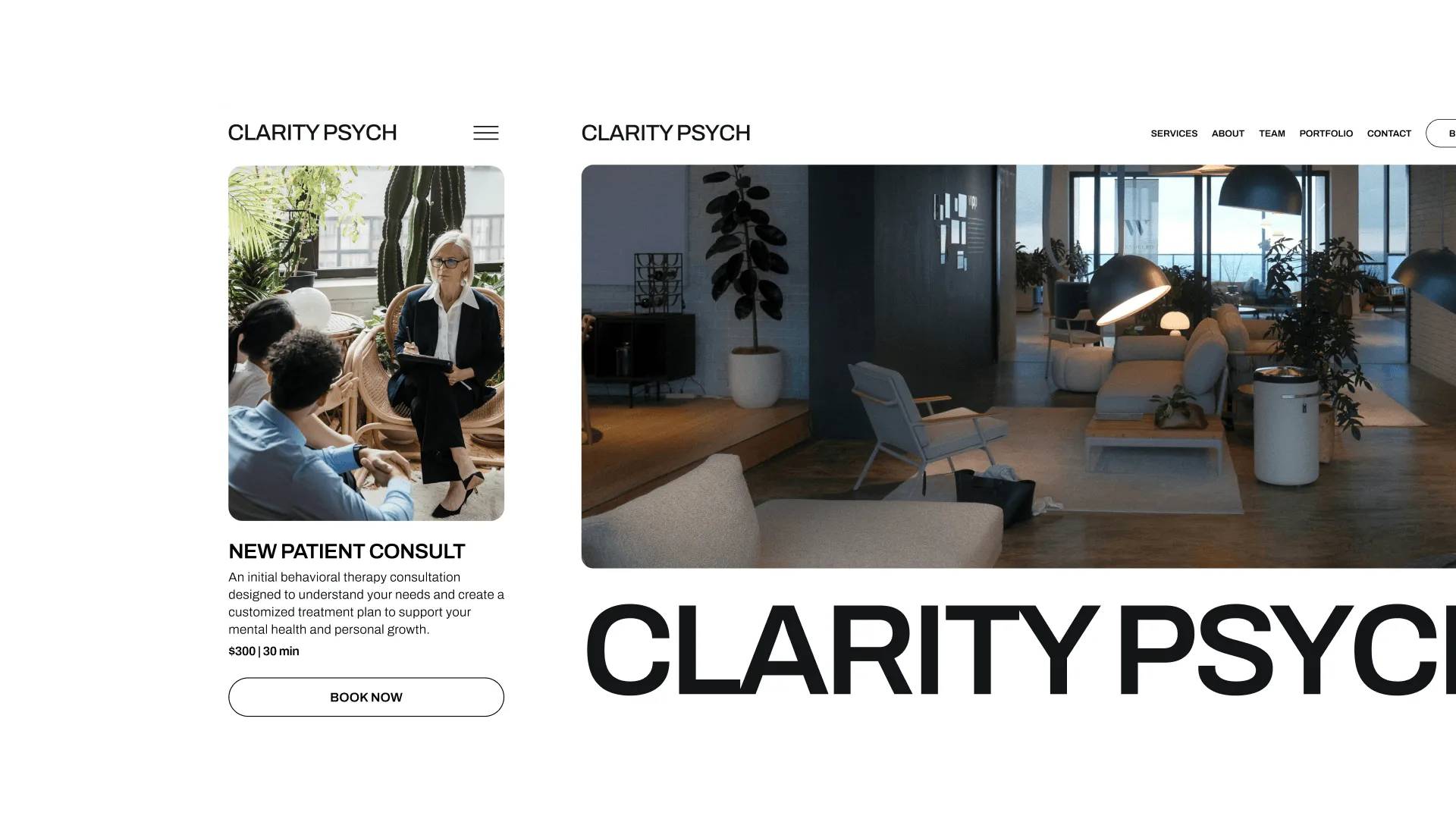 Clarity Psychotherapy's booking page on mobile and desktop, featuring a "Book New Patient Consult" CTA built on the GlossGenius behavioral health booking system.