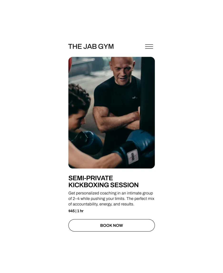 The Jab Gym's mobile booking site, made with the GlossGenius sports coaching software.