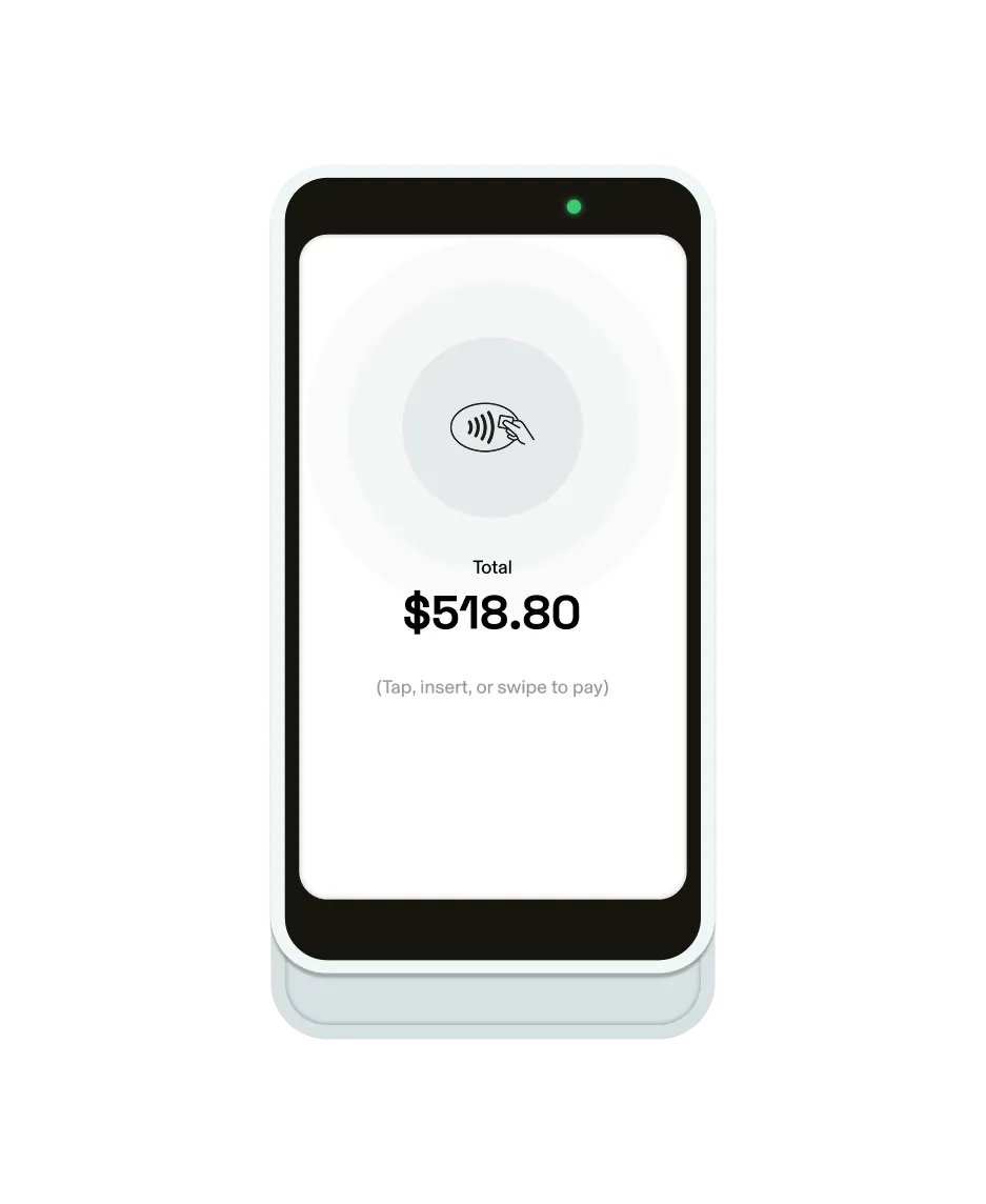 GlossGenius Pro Reader from the GlossGenius sports coaching POS, displaying a $518.80 session charge.