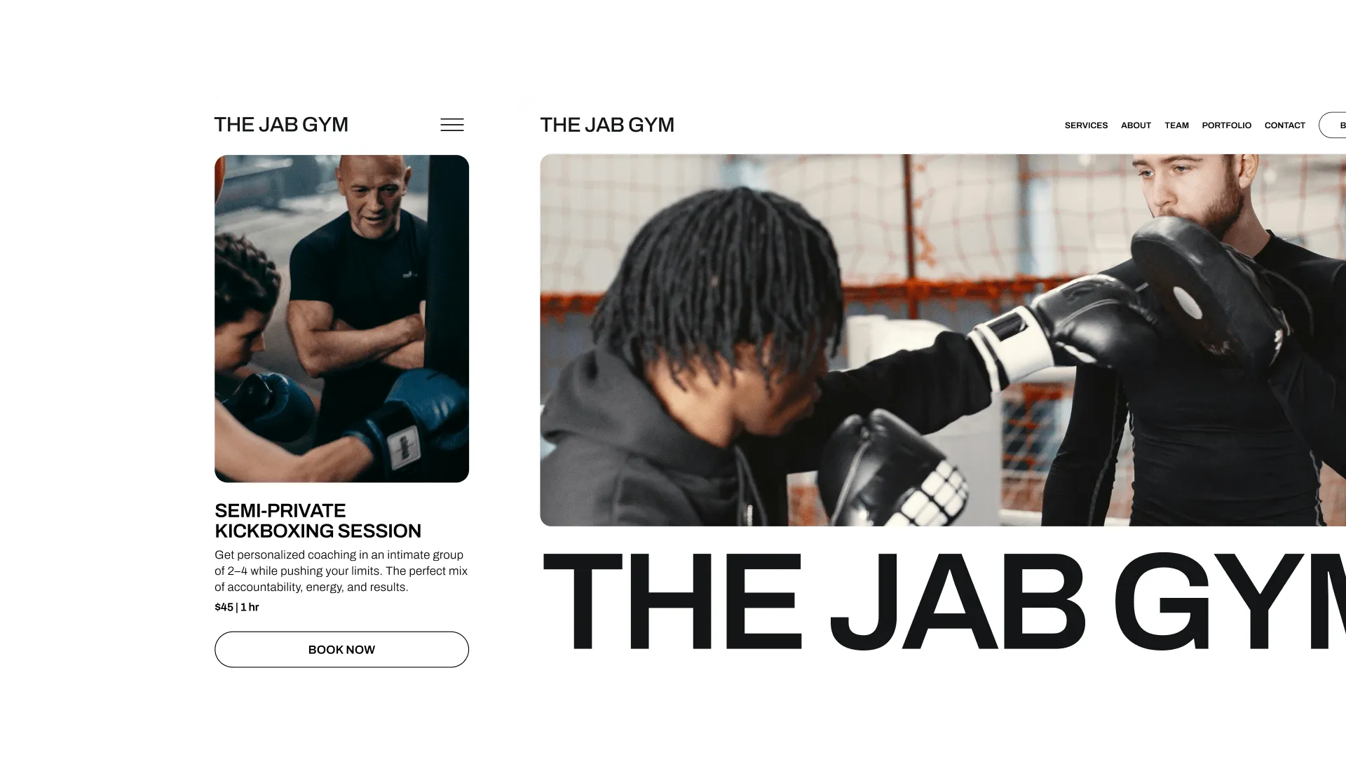 The Jab Gym booking page on mobile and desktop, with class and one-on-one session booking powered by the GlossGenius sports coaching booking system.