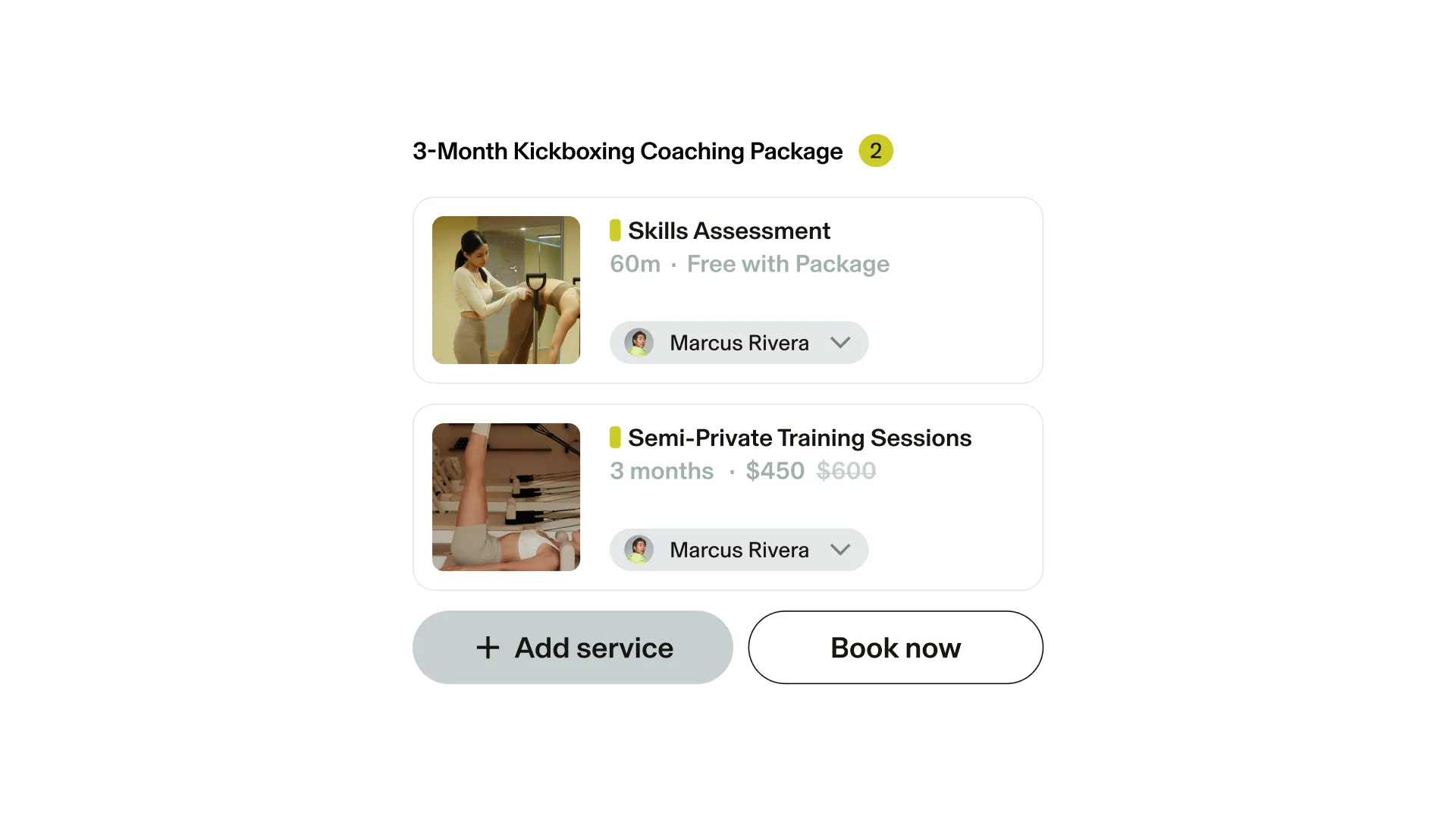 GlossGenius sports coaching booking system showing a package with a "Book now" button.