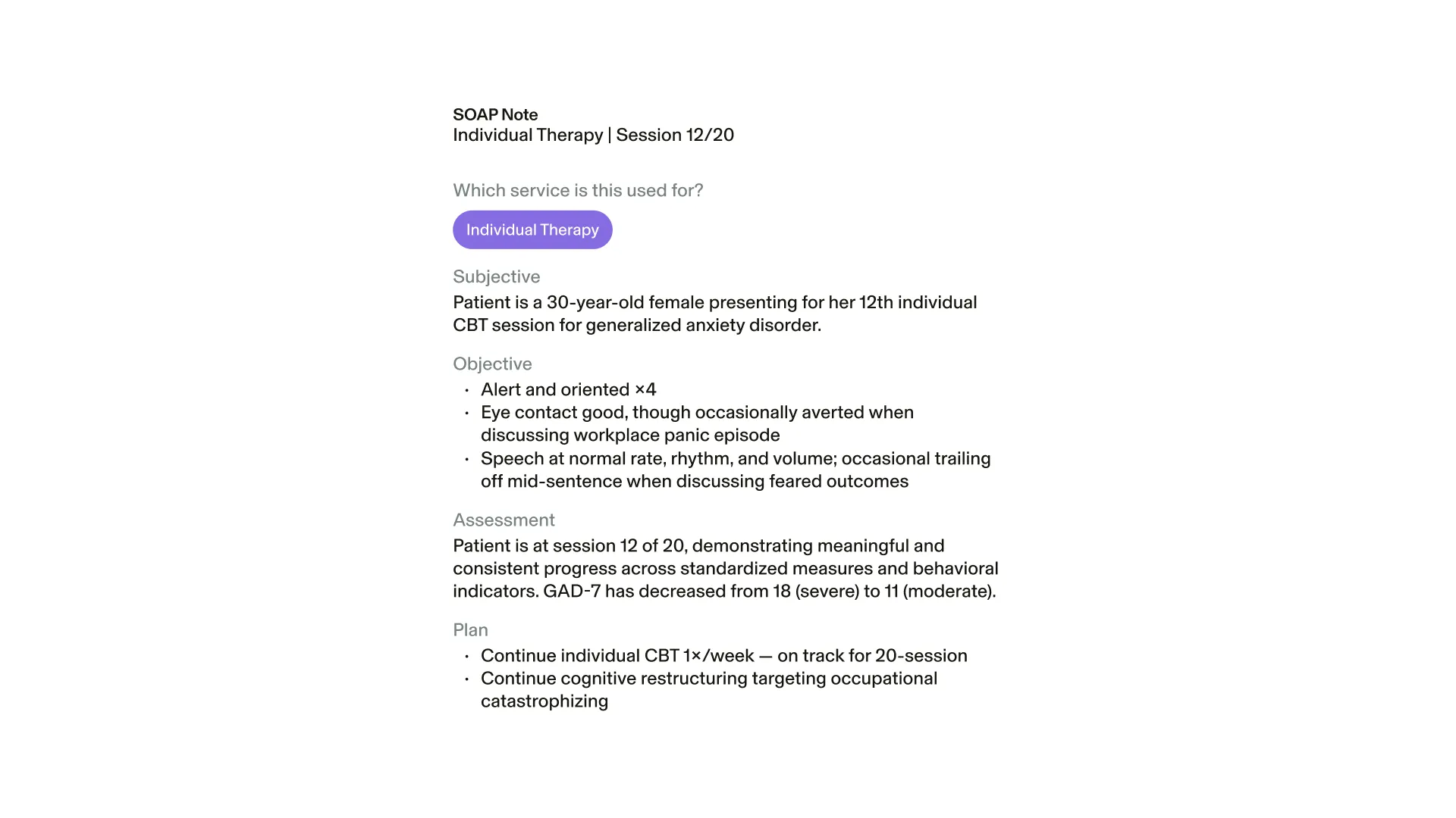 Session note in the GlossGenius behavioral health EMR, with progress documentation and a treatment plan tracker for a therapy client.
